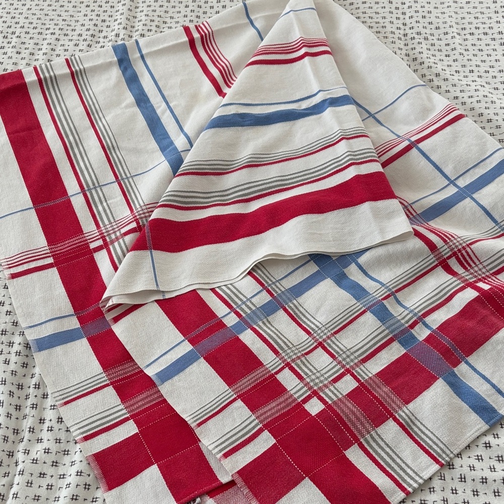 Vintage Simtex cotton tablecloth, white w/ red, blue, gray  plaid, 62x97”